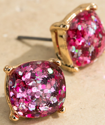 Sparkling Glittery Stud Earrings Fuchsia