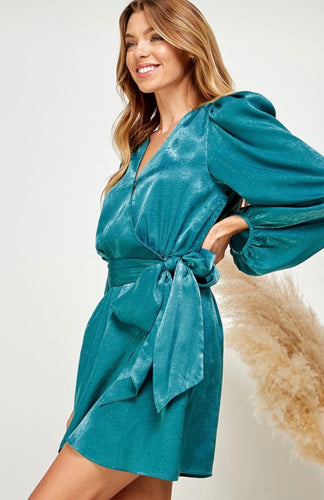 Satin Wrap Dress Teal